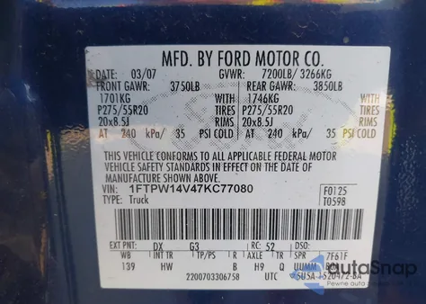 2007 Ford F-150 Fx4/Lariat/Xlt z USA, uszkodzony, nr VIN 1FTPW14V47KC77080